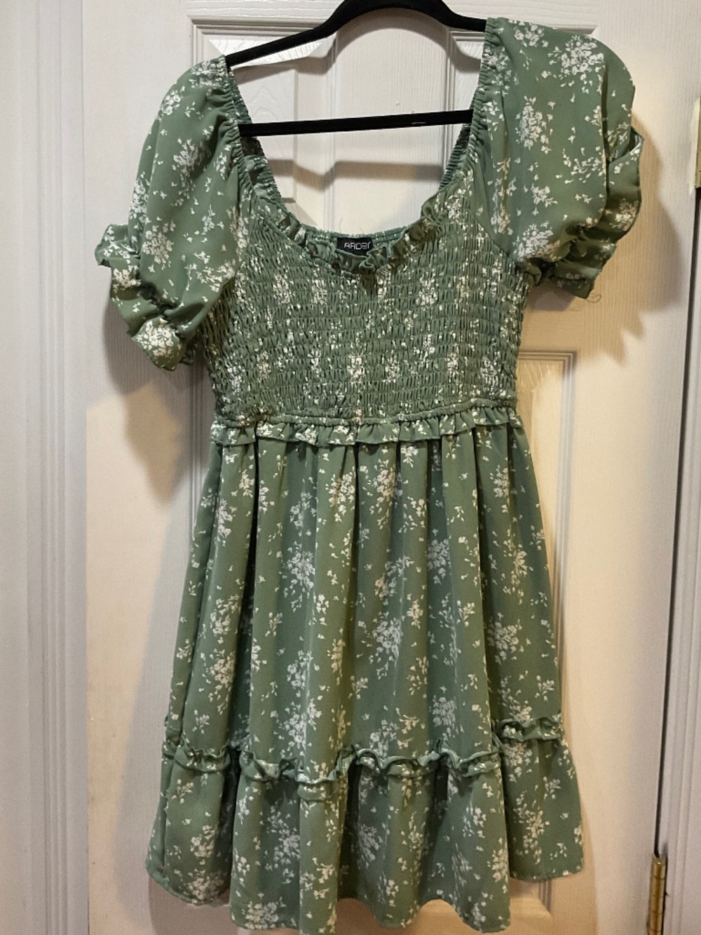 Arden B Green Floral Smocked Puff Sleeve Tiered Mini Dress XL Cottagecore